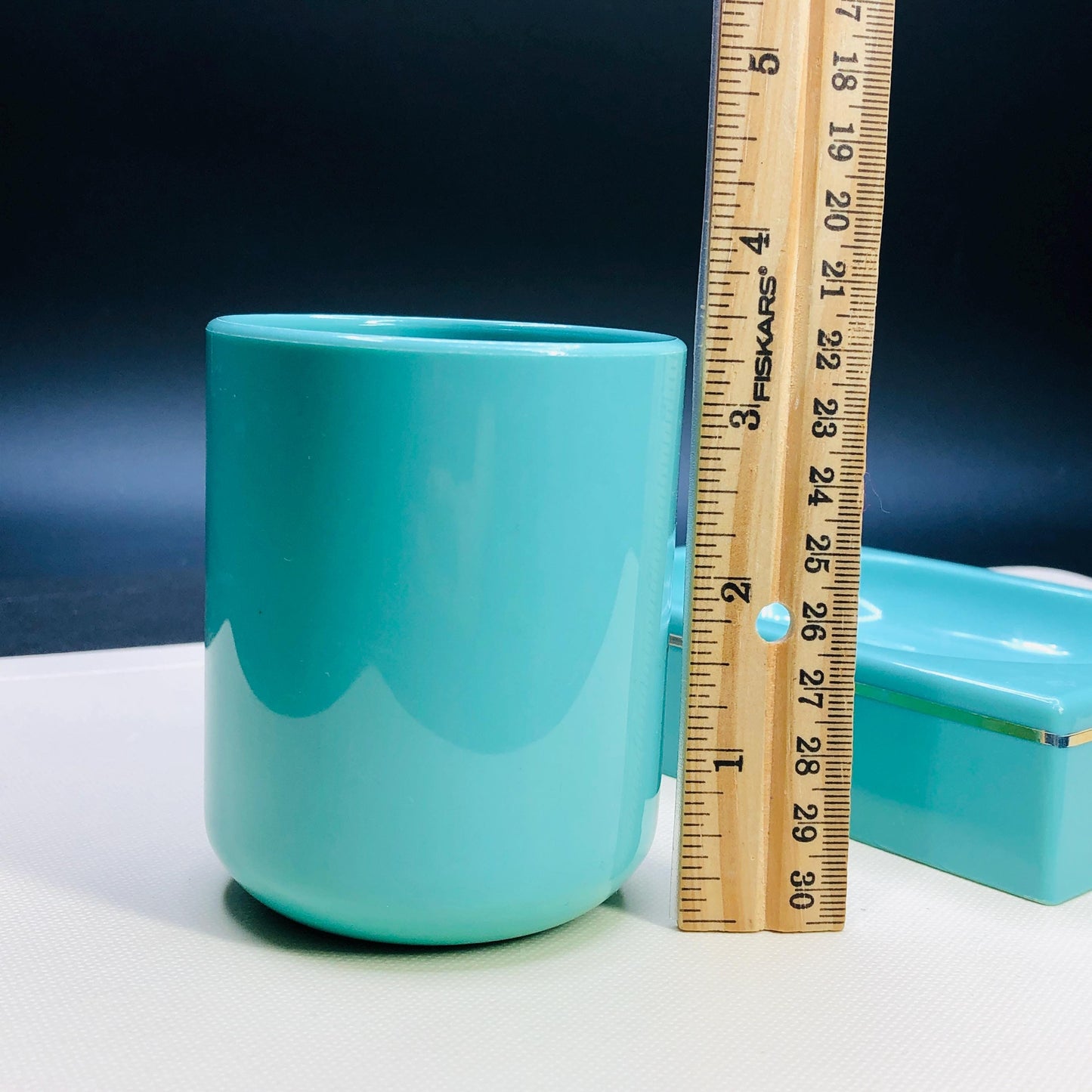 Authentic 1980s Turquoise Bathroom Set, Retro Mod Plastic Soap Dish & Cup, Kitsch 80s Pastel Bath Decor, Rare Collectible Piece