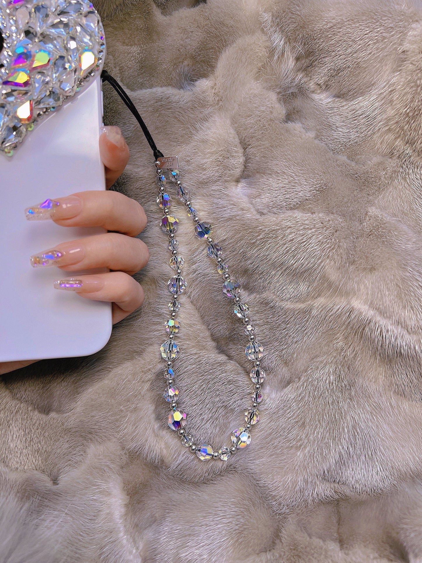 Faceted Austrian Crystal Phone Charm, Sparkly Beaded Wrist Strap Lanyard for Women, High-Shine Smartphone Accessory