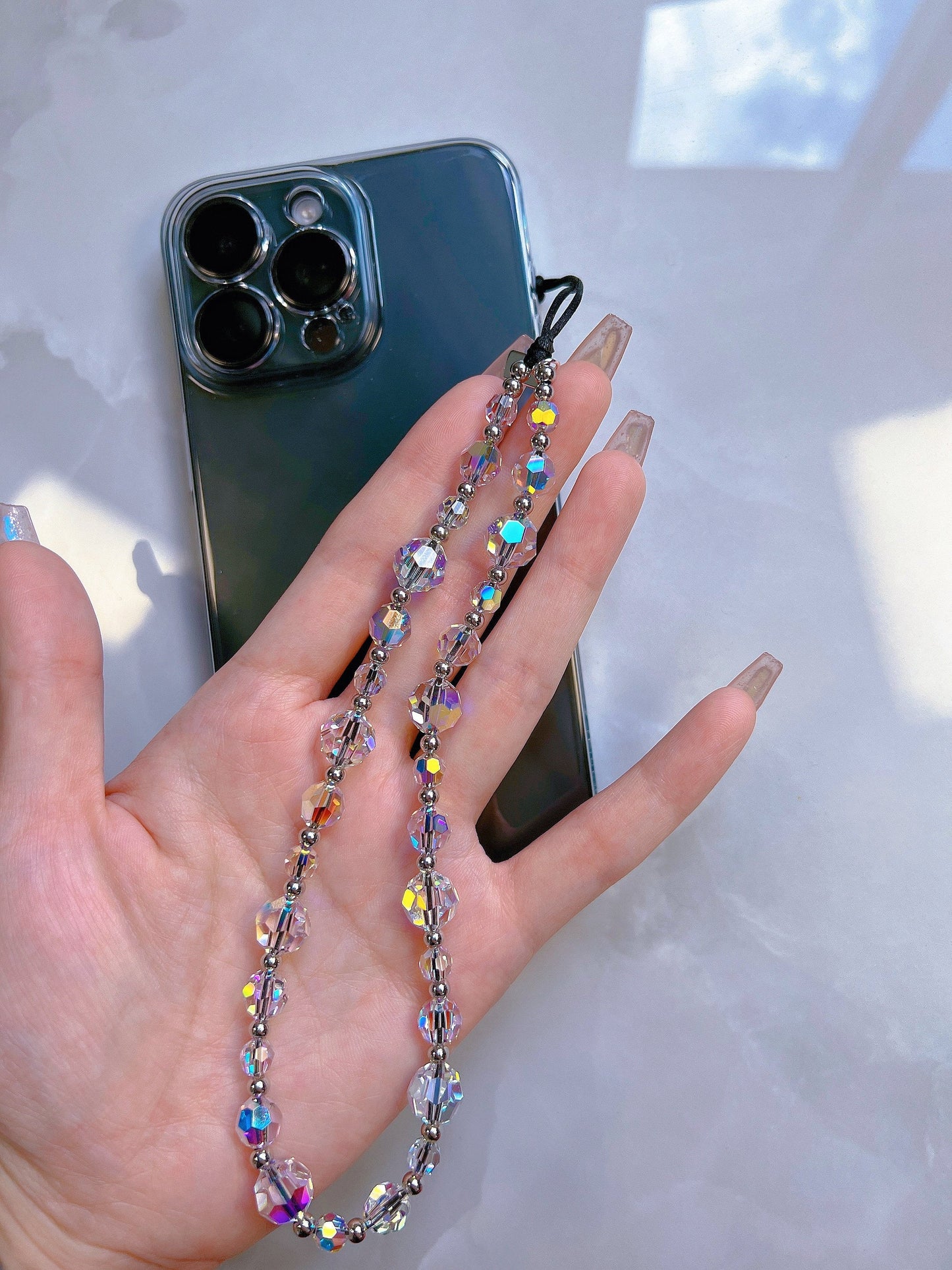 Faceted Austrian Crystal Phone Charm, Sparkly Beaded Wrist Strap Lanyard for Women, High-Shine Smartphone Accessory