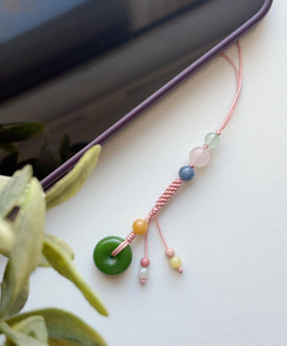Handmade Natural Jade Peace Buckle Phone Charm, Protective Blessing Gemstone Strap, Vintage Aesthetic Phone Accessory, Unique Gift for Her