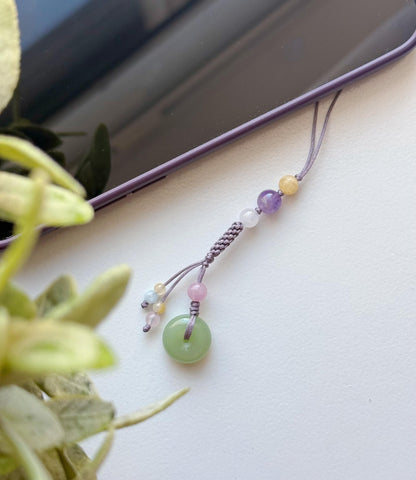 Handmade Natural Jade Peace Buckle Phone Charm, Protective Blessing Gemstone Strap, Vintage Aesthetic Phone Accessory, Unique Gift for Her