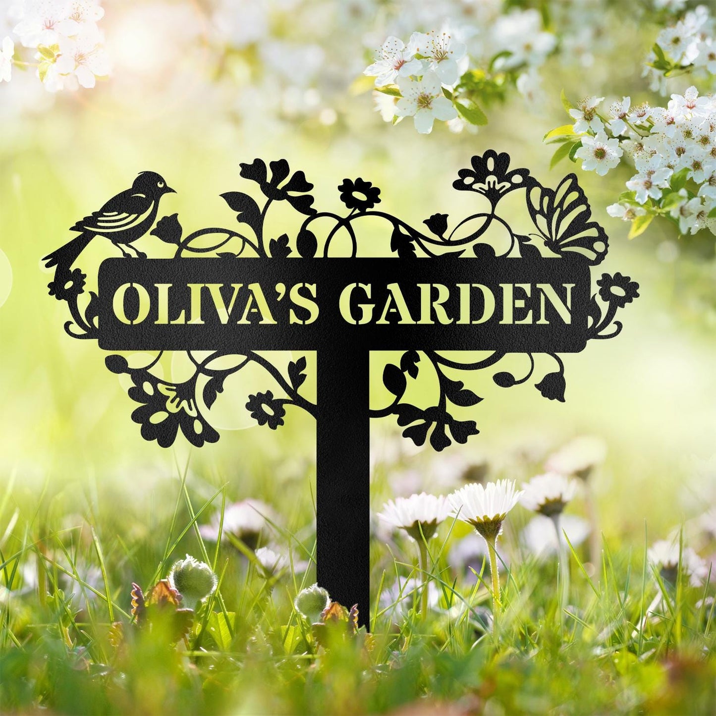 Custom Metal Garden Sign: Bird & Flower Design, Personalized Name Sign