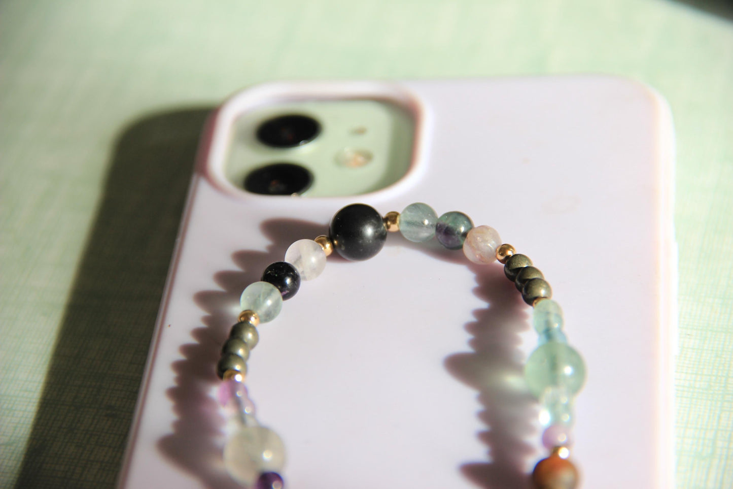 Handmade Semi-Precious Stone Phone Chain, Elegant Gemstone Wrist Strap, Beaded Aesthetic Phone Charm, Unique Healing Stone Accessory