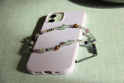 Handmade Semi-Precious Stone Phone Chain, Elegant Gemstone Wrist Strap, Beaded Aesthetic Phone Charm, Unique Healing Stone Accessory