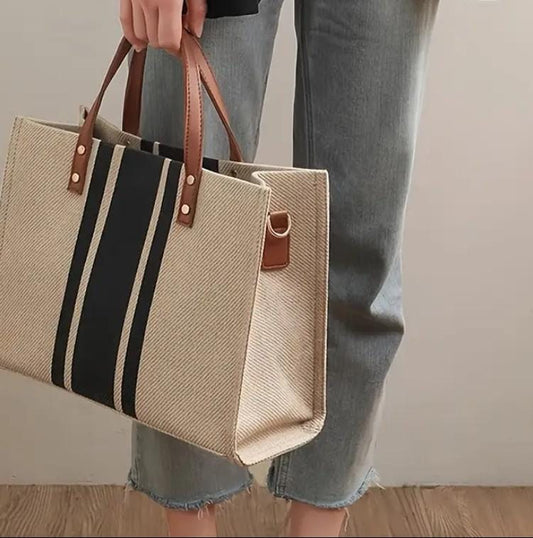 Striped Canvas Tote Bag for Women, Faux Leather Reinforced Handles, Large Boho Beach Bag and Everyday Carryall