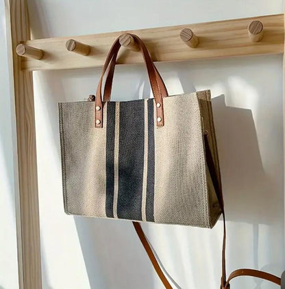Striped Canvas Tote Bag for Women, Faux Leather Reinforced Handles, Large Boho Beach Bag and Everyday Carryall