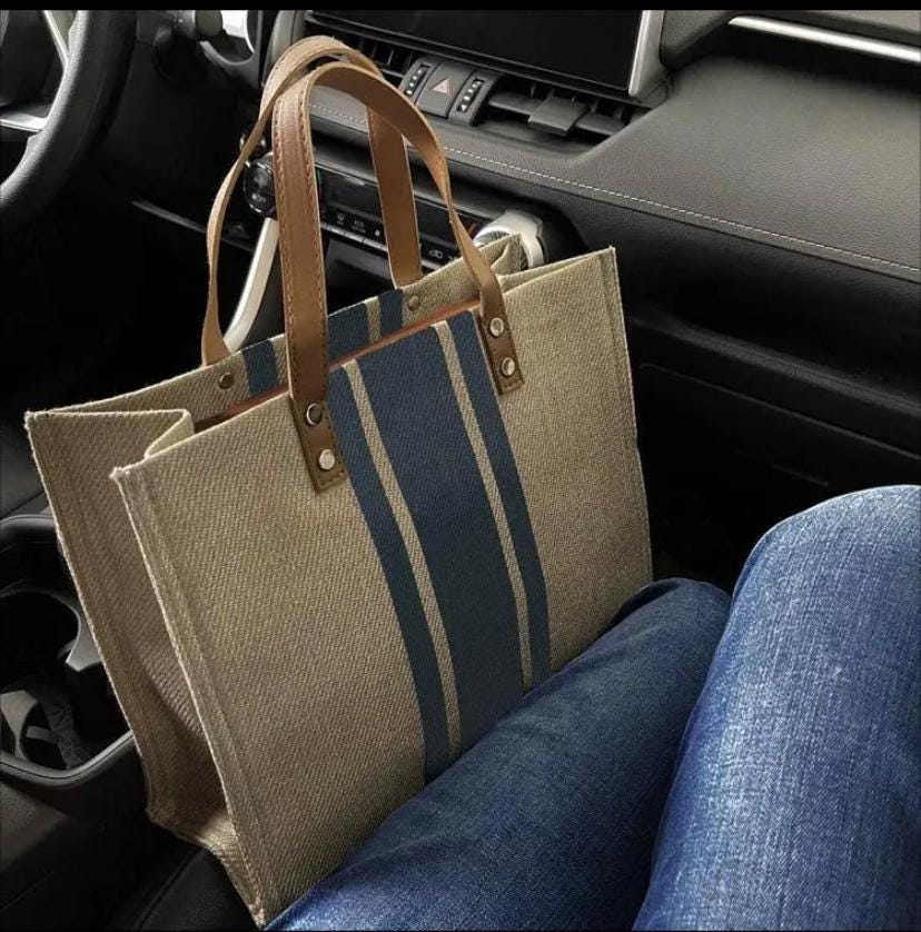 Striped Canvas Tote Bag for Women, Faux Leather Reinforced Handles, Large Boho Beach Bag and Everyday Carryall