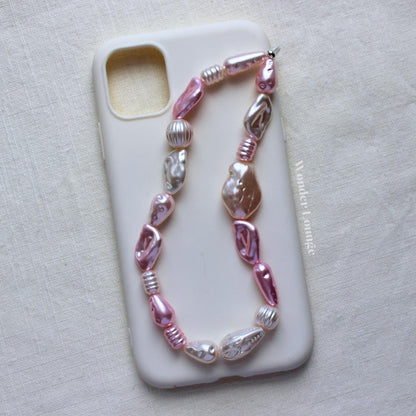Pink Faux Pearl Phone Strap Wristlet, Chunky Beaded Phone Charm for Women, Aesthetic Pastel Smartphone Lanyard Accessory