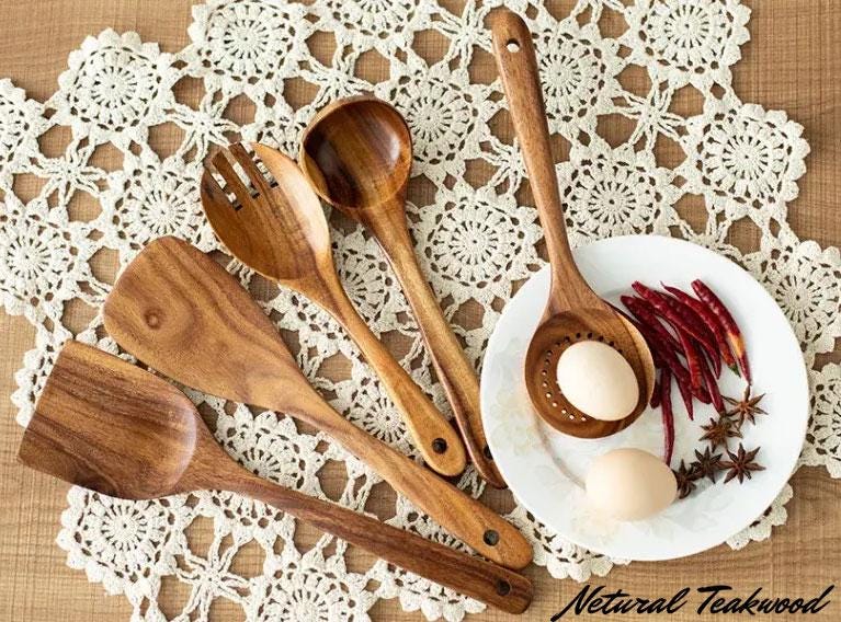 Handmade Wooden Kitchen Utensil Set, 10-Piece Wood Spatulas and Spoons for Cooking, Baking and Serving