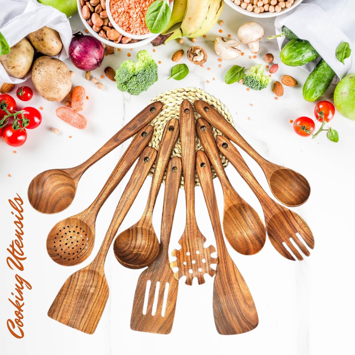 Handmade Wooden Kitchen Utensil Set, 10-Piece Wood Spatulas and Spoons for Cooking, Baking and Serving