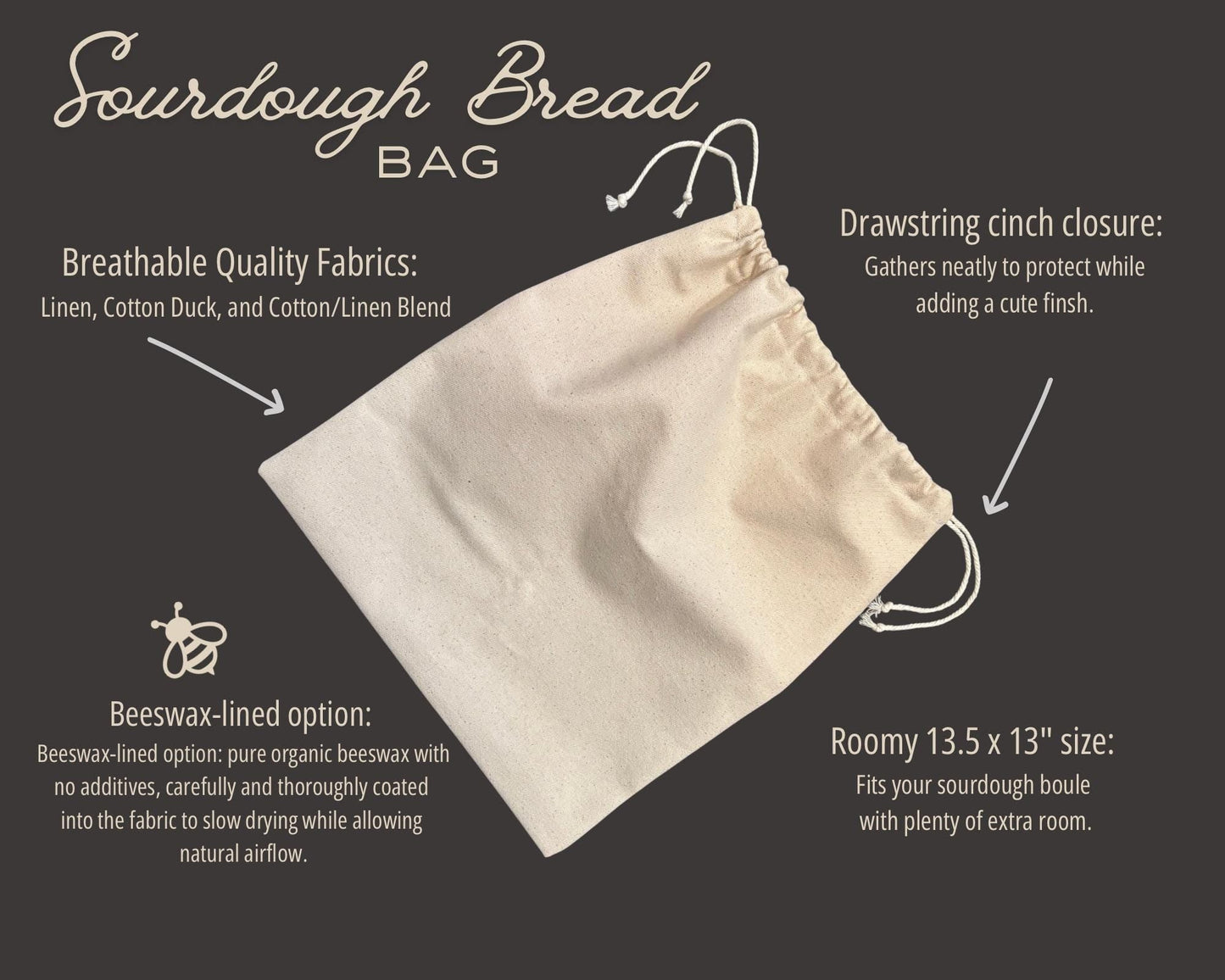 Beeswax Coated Linen Bread Bag for Sourdough, Reusable Food Storage Bag for Homemade Loaves and Artisan Bread