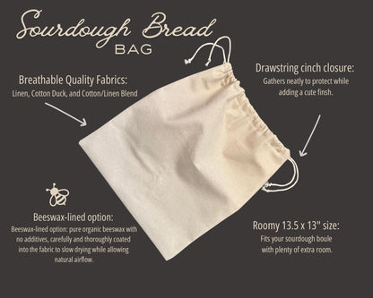 Beeswax Coated Linen Bread Bag for Sourdough, Reusable Food Storage Bag for Homemade Loaves and Artisan Bread