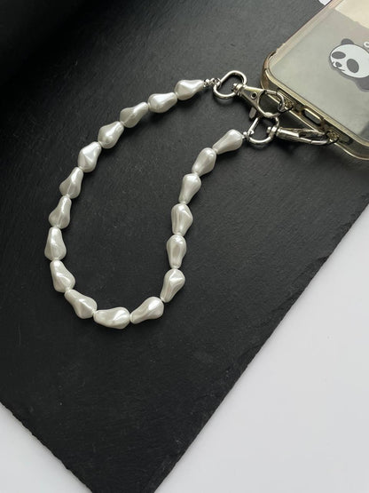 Luxurious Natural Baroque Pearl Phone Strap, Sparkling Crystal Wristlet with Parisian Chic Aesthetic, Elegant Gift for Her, Handmade Tech Accessory