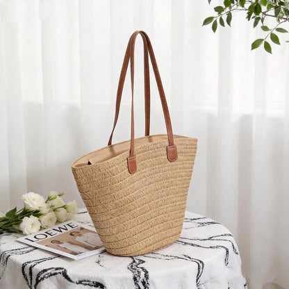 Handmade Raffia Tote Bag with PU Leather Handles, Large Summer Straw Handbag for Women, Woven Beach Purse