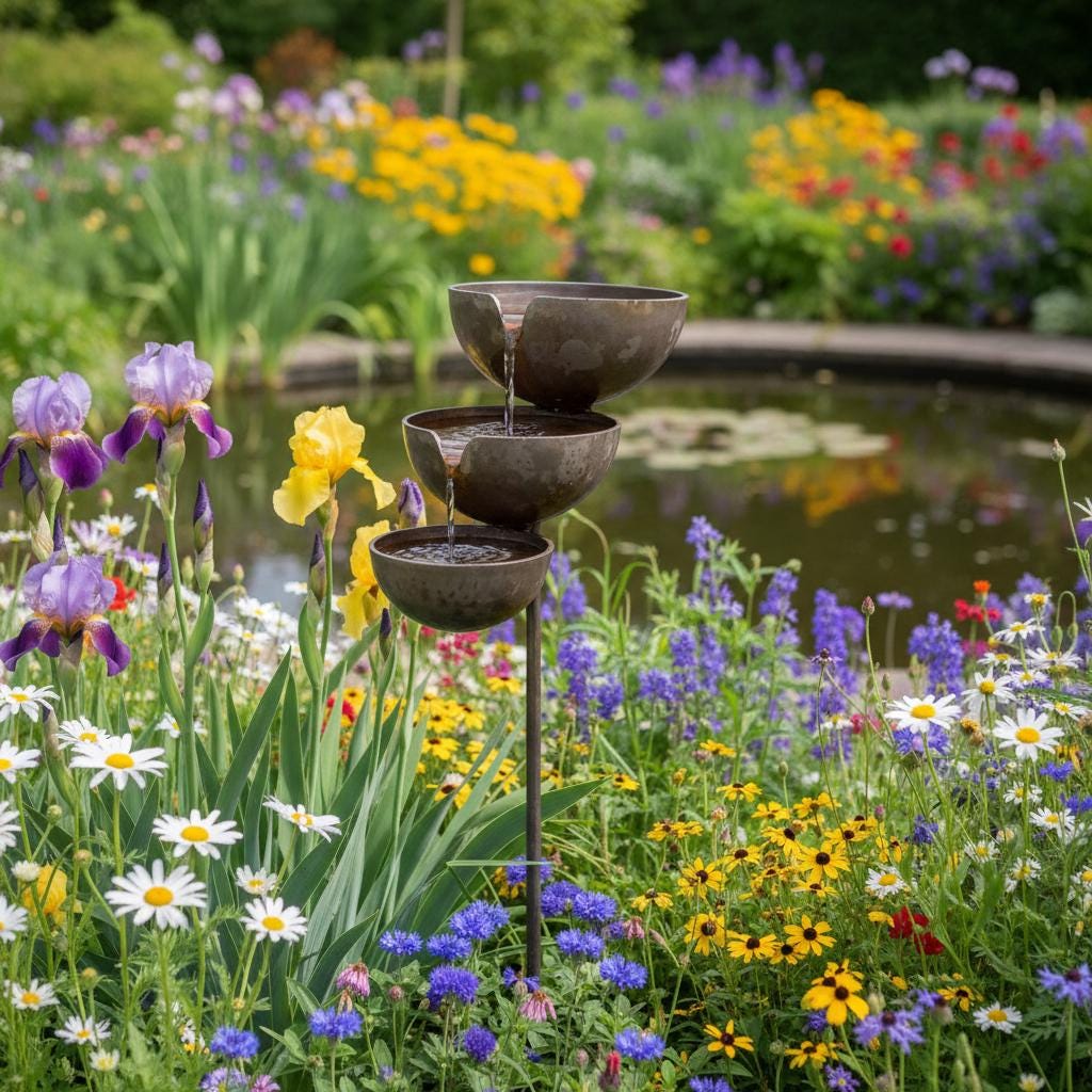 Metal Garden Bird Bath and Rain Catcher, Decorative Outdoor Water Bowl for Birds and Bees, Weather-Resistant Yard Art