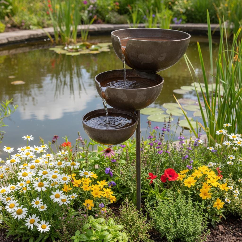 Metal Garden Bird Bath and Rain Catcher, Decorative Outdoor Water Bowl for Birds and Bees, Weather-Resistant Yard Art