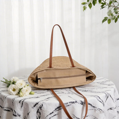 Handmade Raffia Tote Bag with PU Leather Handles, Large Summer Straw Handbag for Women, Woven Beach Purse