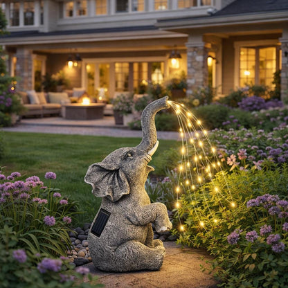 Solar Powered Elephant Garden Statue with LED Lights, Decorative Resin Animal Sculpture for Patio, Yard and Landscape Decor