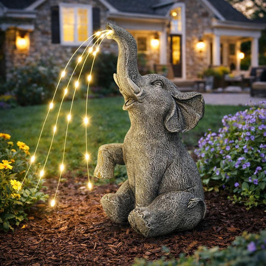 Solar Powered Elephant Garden Statue with LED Lights, Decorative Resin Animal Sculpture for Patio, Yard and Landscape Decor