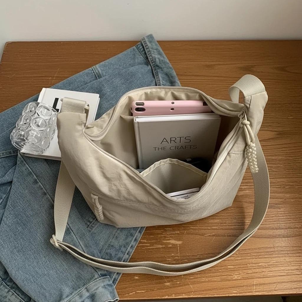 Nylon Hobo Shoulder Bag for Women, Large Crossbody Messenger Purse, Casual Slouchy Everyday Handbag with Zipper Pockets