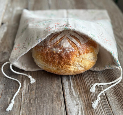 Beeswax Coated Linen Bread Bag for Sourdough, Reusable Food Storage Bag for Homemade Loaves and Artisan Bread